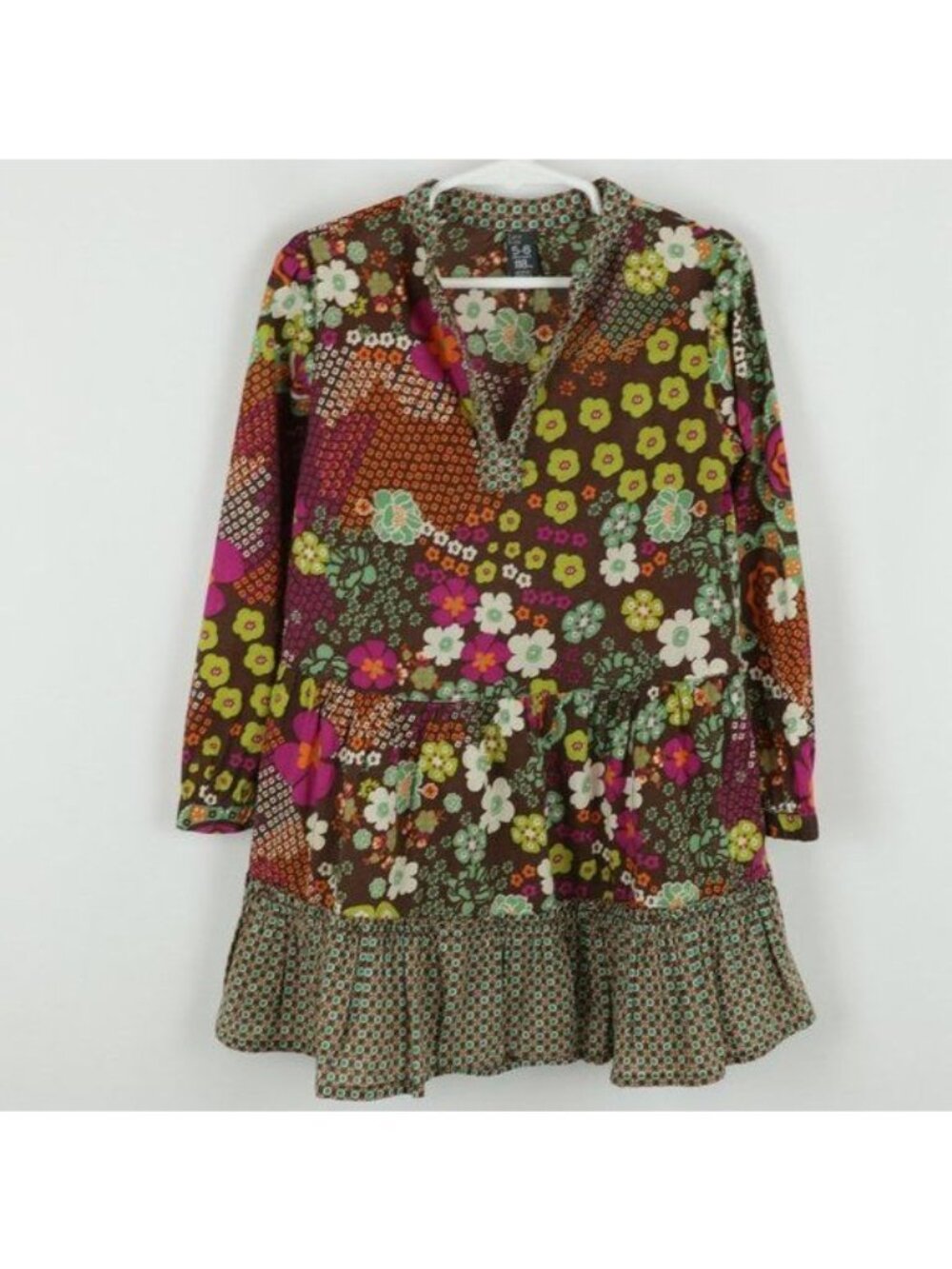 Zara Kids Girls Size 5-6 Green Floral Woven Lightweight Long Sleeve Tunic Blouse